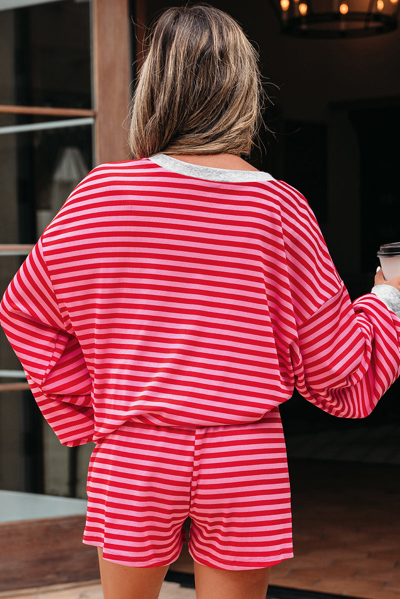 Stripe Drop Shoulder Baggy Pullover and Shorts Casual Set