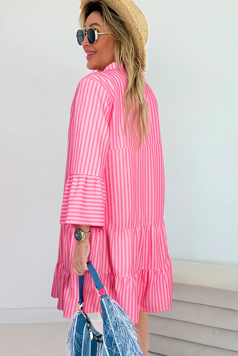 Stripe Flare Sleeve Half Placket Tiered Flowy Mini Dress