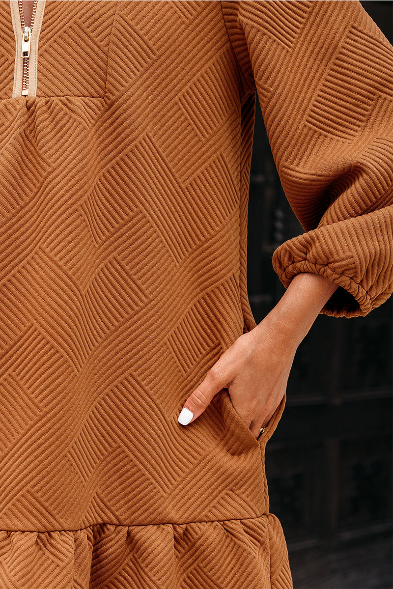 Quarter Zip Collar Bracelet Sleeve Textured Mini Dress