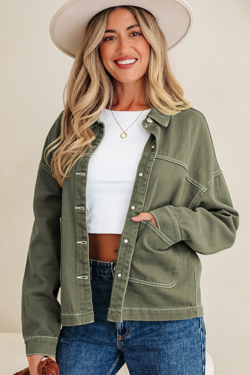 Moss Green Patched Pocket Collared Button Front Boyfriend Denim Jacket
