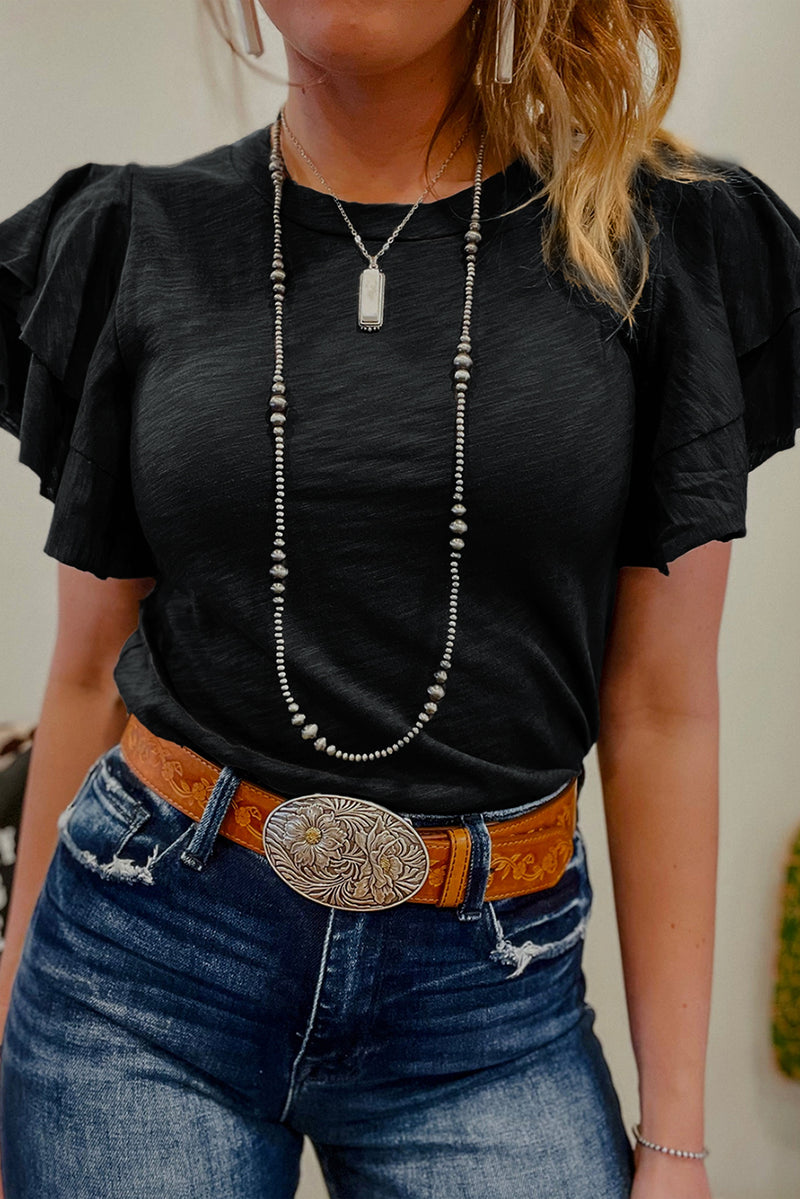 Solid Layered Ruffle Short Sleeve Round Neck Top