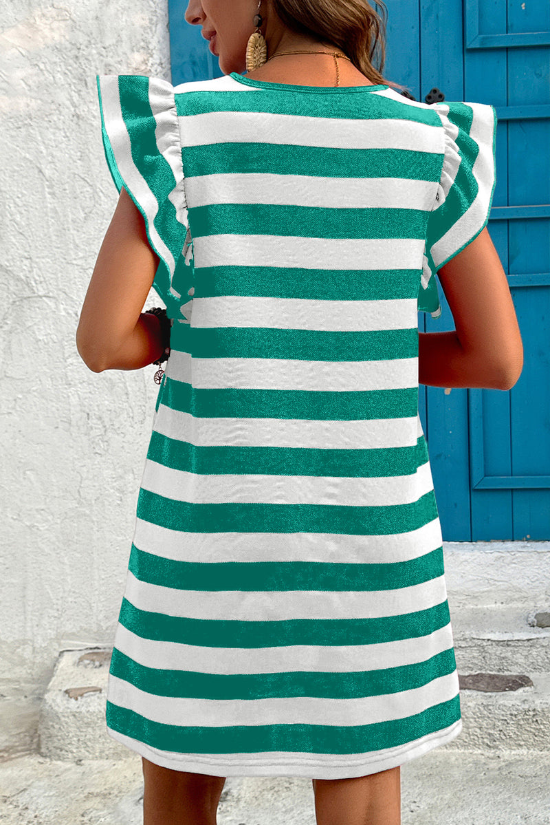 Stripe Flutter Sleeve Round Neck Shift Dress