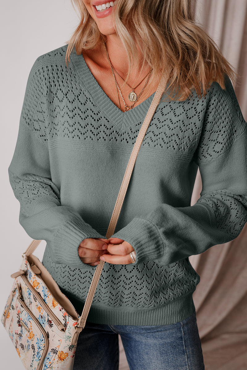 Eyelet Pattern Detail V Neck Drop Shoulder Sweater