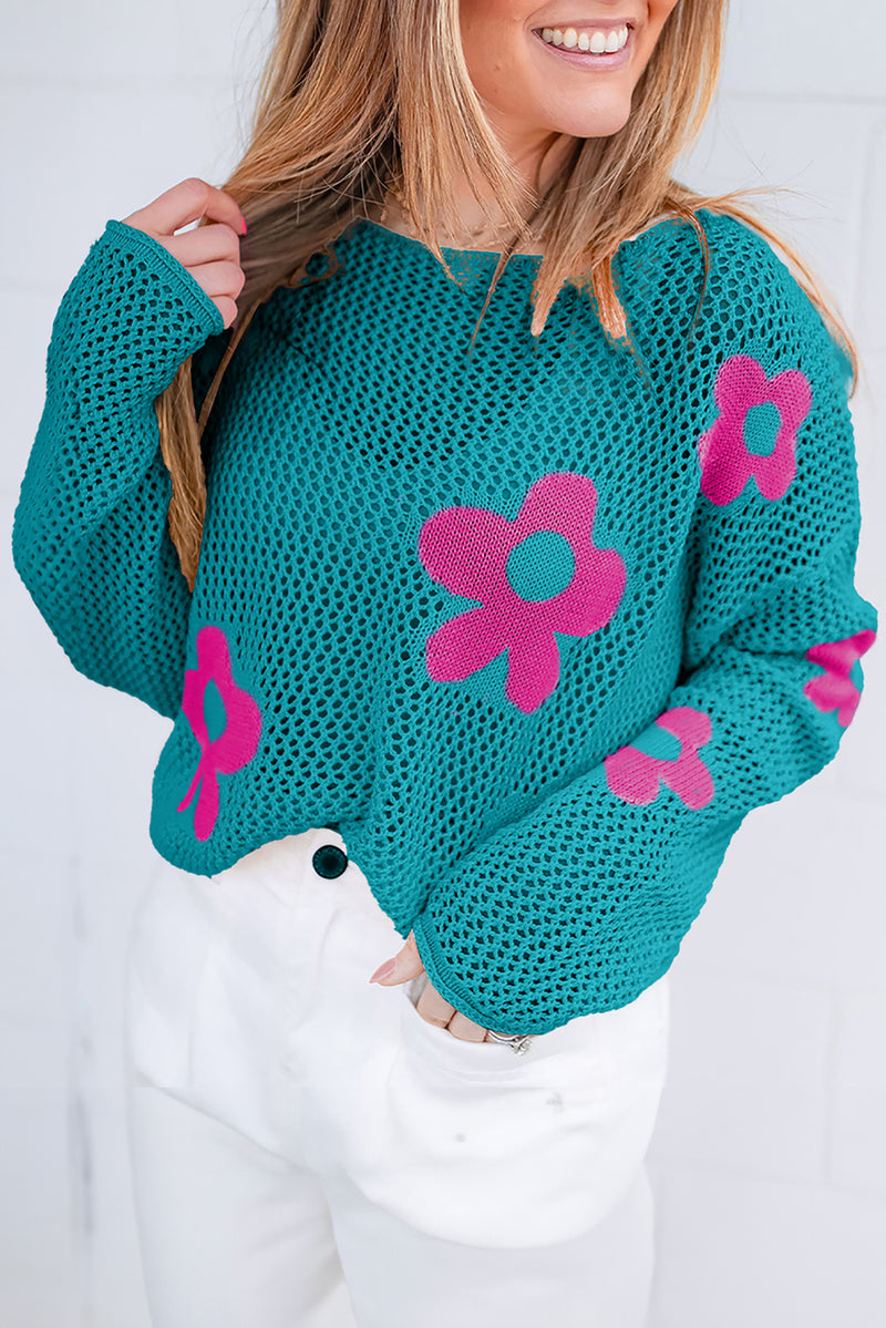 Teal Big Flower Hollowed Knit Drop Shoulder Sweater