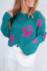 Teal Big Flower Hollowed Knit Drop Shoulder Sweater