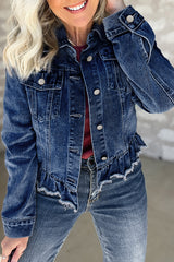 Trucker Beau Blue Ruffle Raw Hem Flap Pockets Denim Jacket