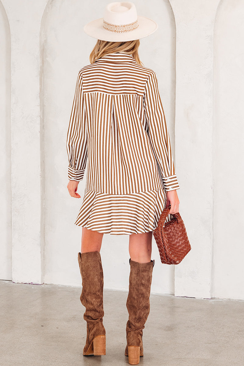 Stripe Ruffled Hem Collared Long Sleeve Shirt Mini Dress