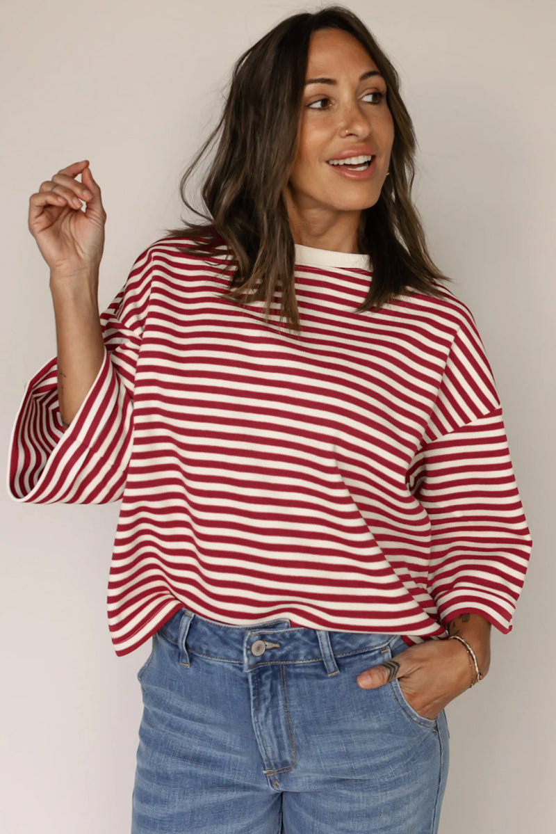 Stripe Bowknot Cutout Back Drop Shoulder Wide Bracelet Sleeve Loose Tee
