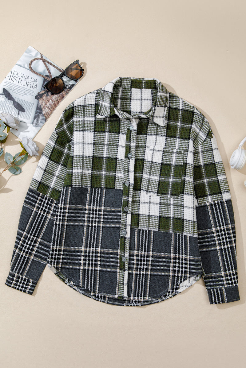 Plaid Print Textured Knit Buttoned Shacket