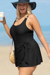 Solid Color Square Neck Knotted Plus Size One Piece Swimsuit