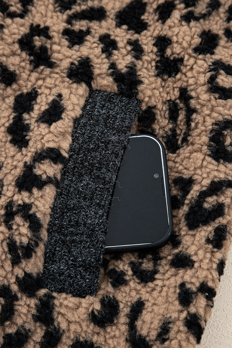 Leopard Print Zip Up Stand Neck Side Pocket Jacket