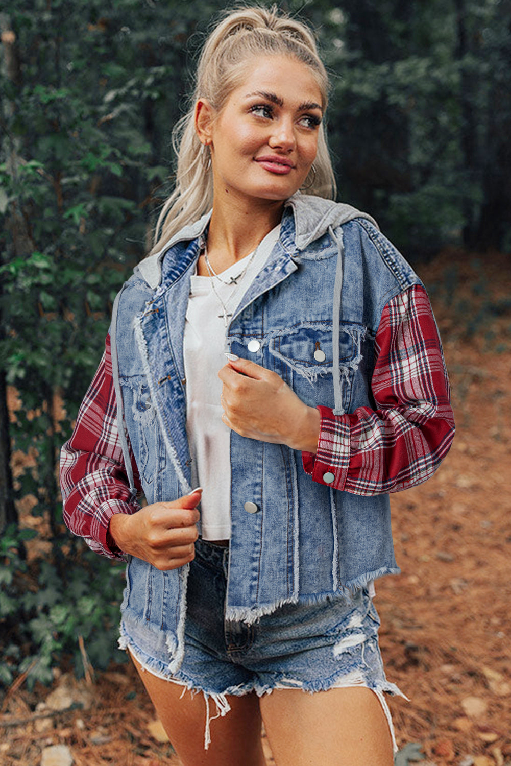 Trucker Plaid Print Patchwork Hooded Raw Hem Denim Jacket
