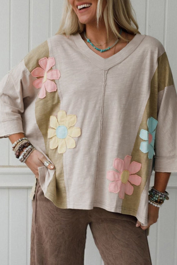 Flower Patched Exposed Seam Bracelet Sleeve Oversized T Shirt
