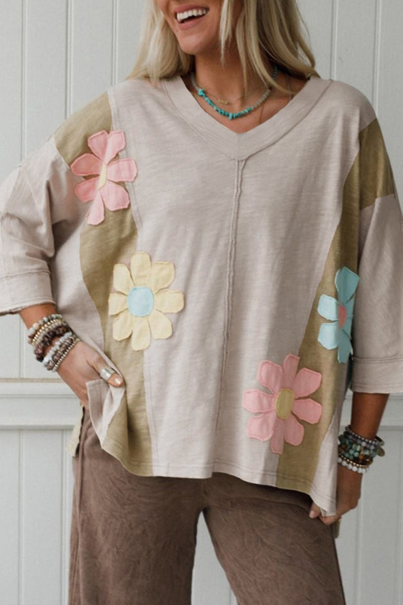 Flower Patched Exposed Seam Bracelet Sleeve Oversized T Shirt