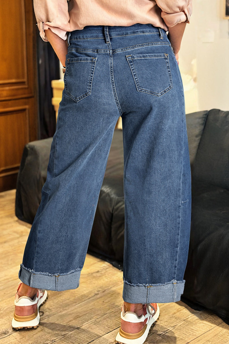 Stitched Raw Hem Wide Leg Loose Jeans