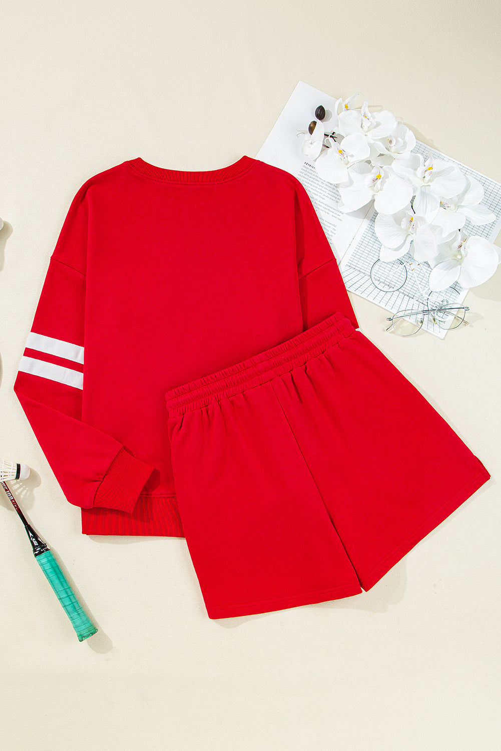 Solid Varsity Striped Sleeve Drop Shoulder Sweatshirt and Short Set