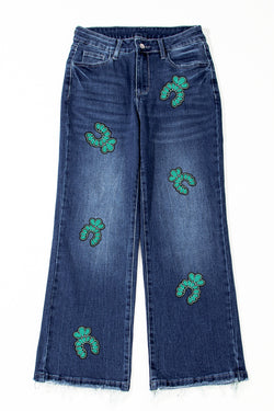 Turquoise Pattern Raw Edge Cropped High Waist Jeans