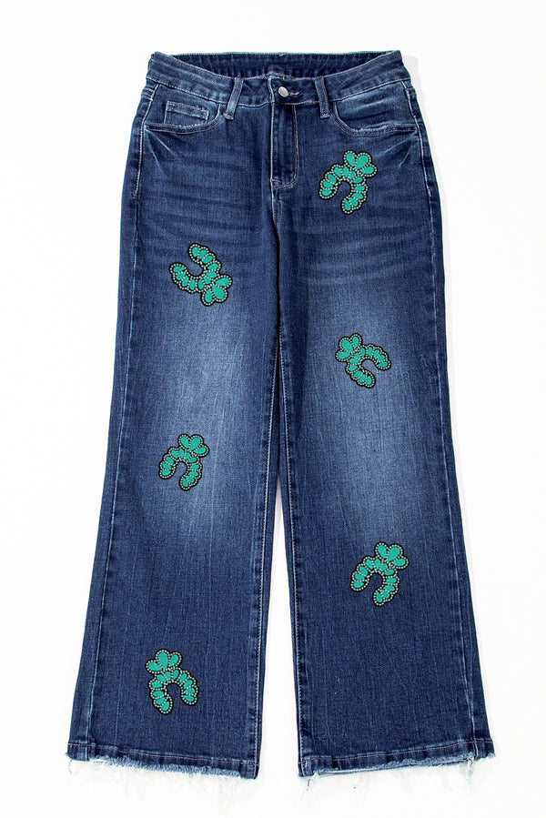 Turquoise Pattern Raw Edge Cropped High Waist Jeans