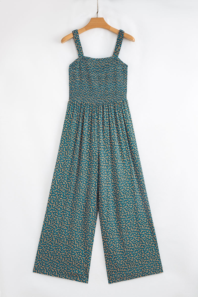 Floral Print Smocked High Waist Square Neck Jumpsuit