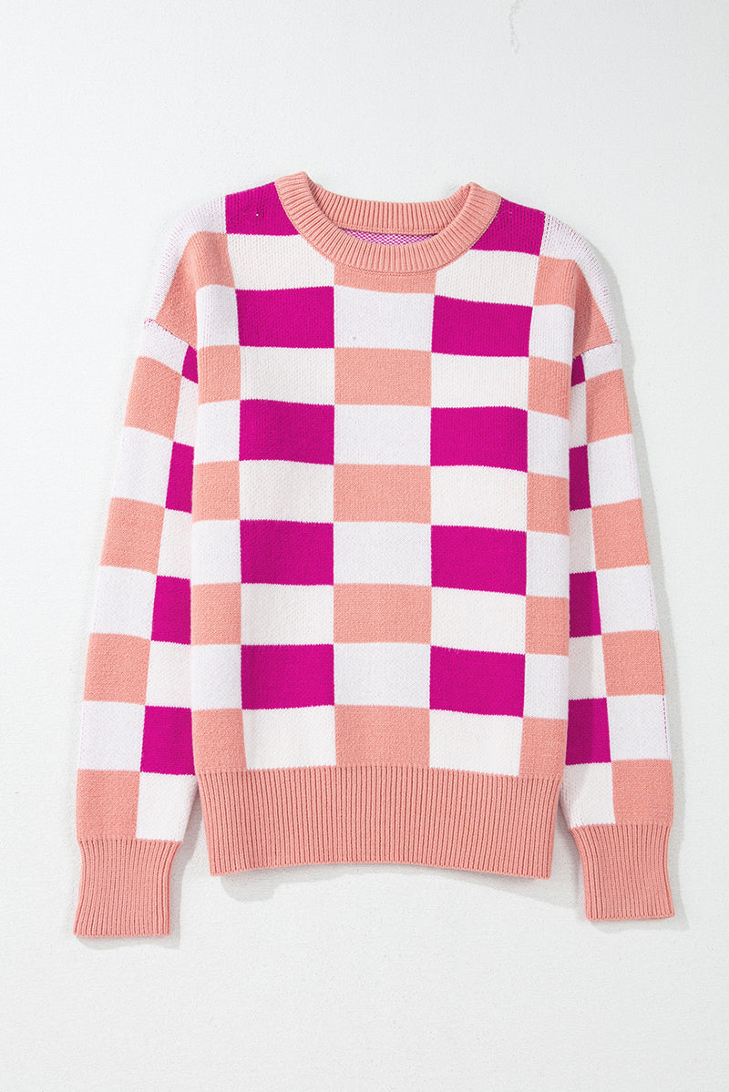 Checkered Ribbed Edge O Neck Drop Shoulder Sweater