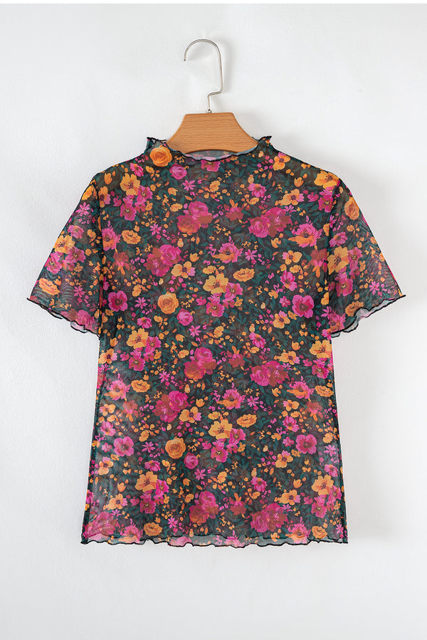 Rose Floral Print Mesh Stand Neck Short Sleeve Top