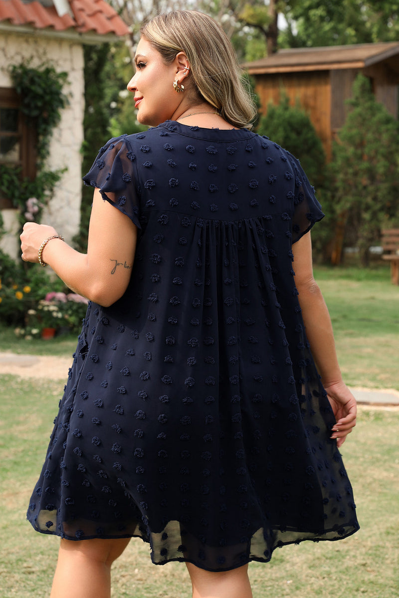 Dotty Textured Notched Neck Plus Ruffled Dress