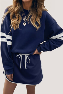 Varsity Stripe Detail Drop Shoulder Pullover Mini Skirt Set