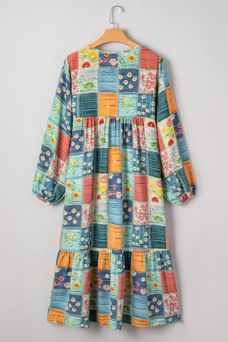 Multicolour Mix Floral Checkered Pattern Bubble Sleeve Ruffle Hem Dress
