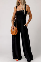 Solid Smocked Sleeveless Wide Leg Jumpsuit with Pockets