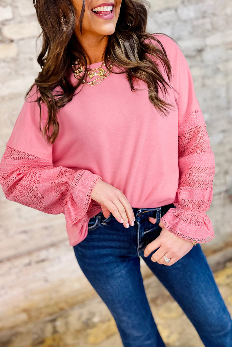 Drop Shoulder Lace Ruffled Sleeve Patchwork Loose Sweatshirt