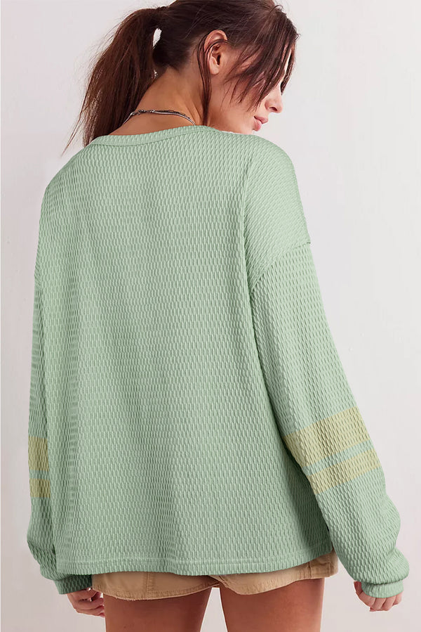 Light Green Textured Knit Drop Shoulder Color Block Detail Long Sleeve Henley Top