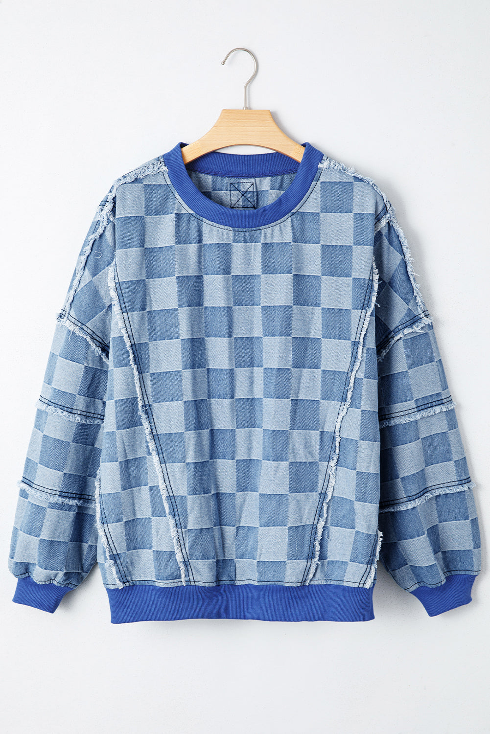 Checkerboard Splicing Raw Detail Oversized Denim Pullover