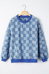 Checkerboard Splicing Raw Detail Oversized Denim Pullover