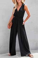 Solid Deep V Pleated Crisscross Wide Leg Backless Jumpsuit