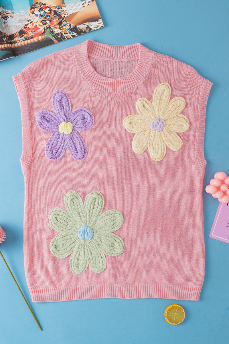 Multicolour Crochet Flower Knit Short Sleeve Sweater Top
