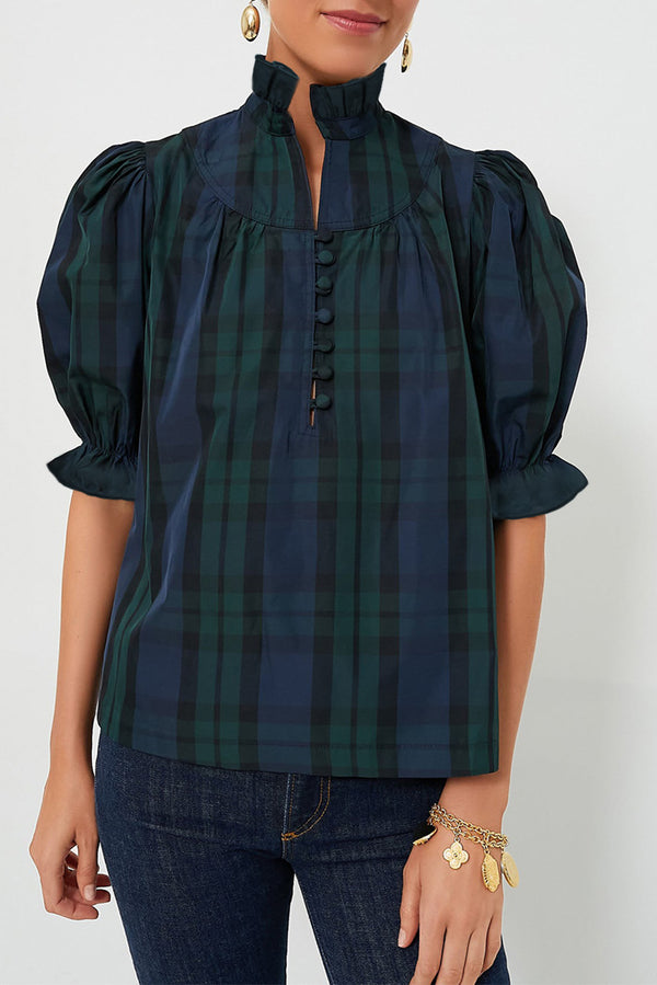 Solid Stripe Plaid Puff Sleeve Frilled Trim Elegant Blouse