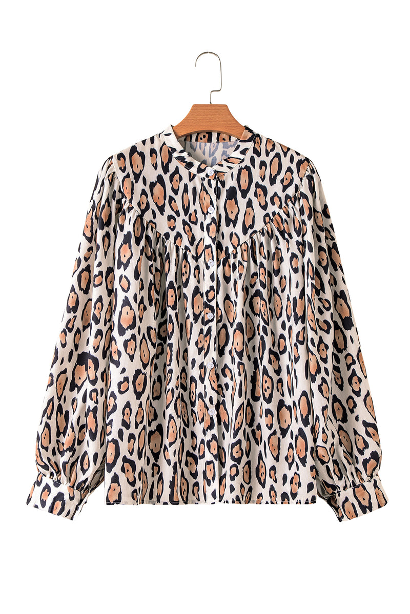 French Oversized Leopard Print Balloon Sleeve Casual Shirt