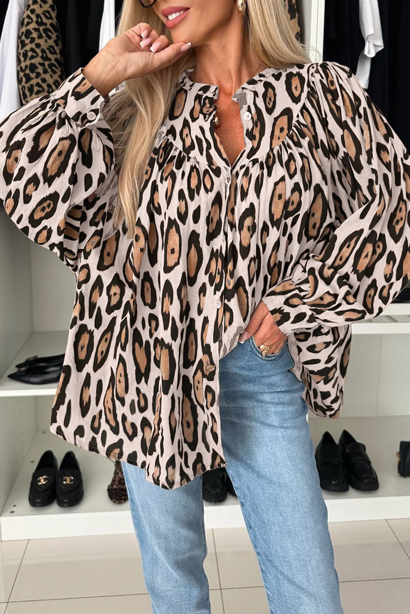 French Oversized Leopard Print Balloon Sleeve Casual Shirt