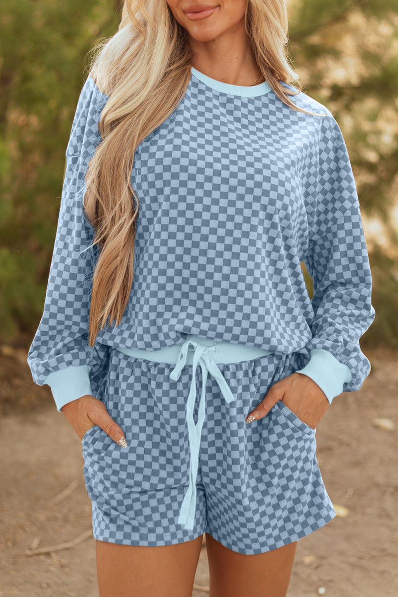 Checkerboard Long Sleeve Pullover and Shorts Set