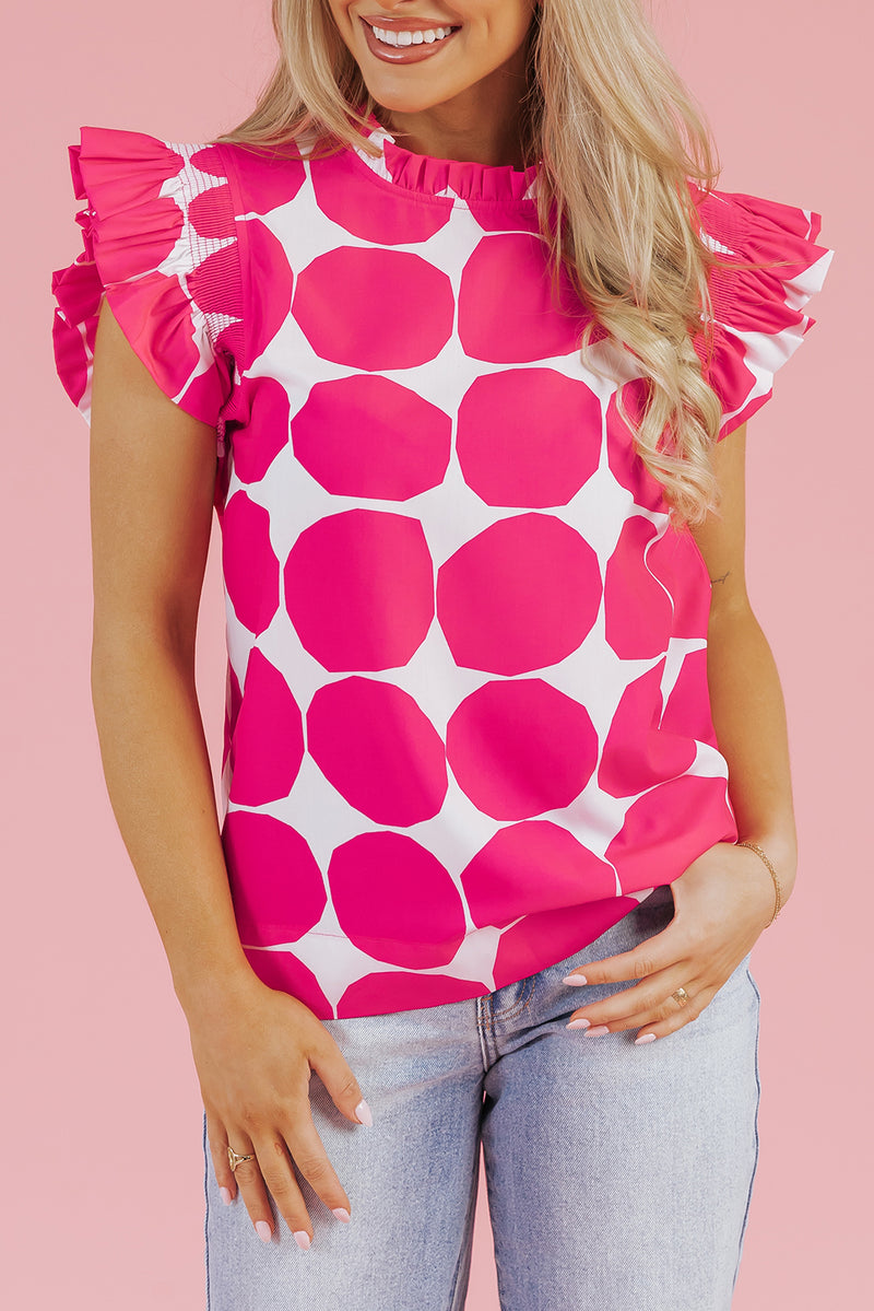 Rose Bubblegum Pattern Frilled Collar Flutter Sleeve Top