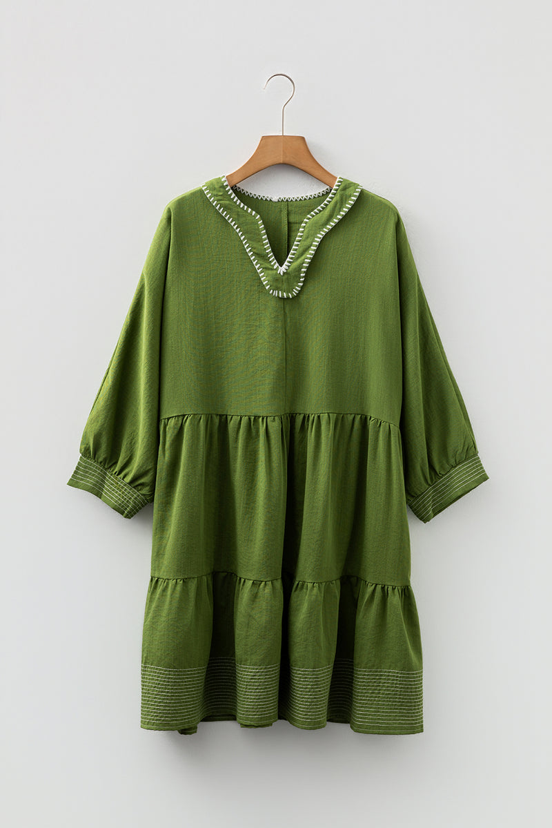 Contrast Stitched V Neck 3/4 Sleeve Tiered Mini Dress