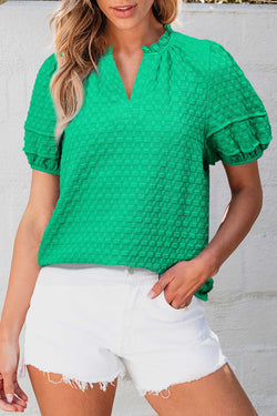 Textured Puff Short Sleeve Notched V Neck Top