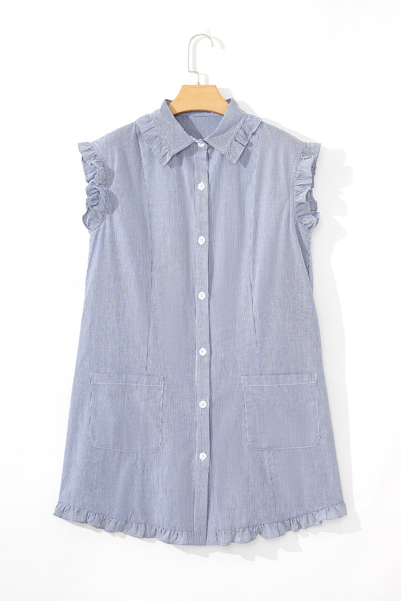 Stripe Frilled Sleeveless Collar Front Pocket Button Up Mini Dress