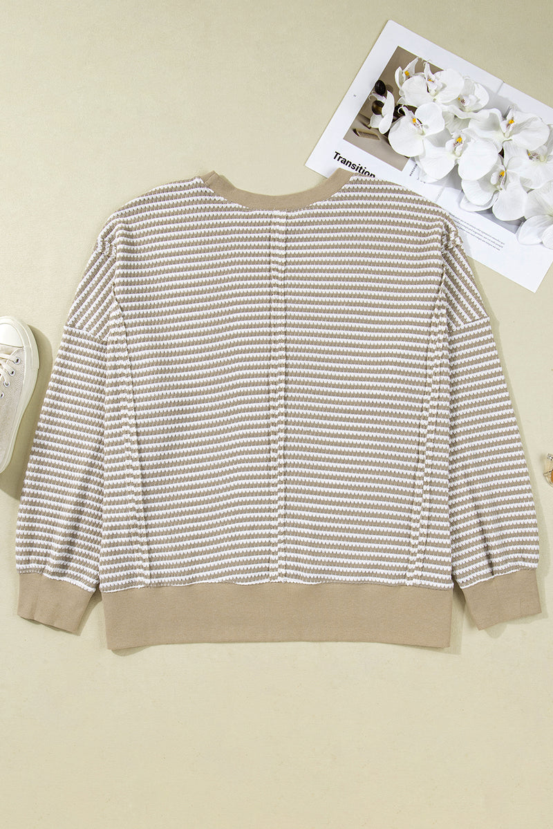 Stripe Plus Size Breathable Knit Ribbed Trim Long Sleeve Top