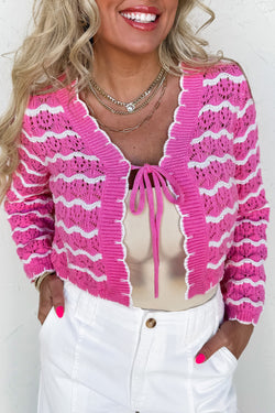 Stripe Crochet Scalloped Trim Lace-up Front Cropped Cardigan