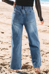Star Patchwork Cropped Wide Leg High Waist Jeans