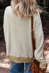 Pale Khaki Stripe Plus Size Breathable Knit Ribbed Trim Long Sleeve Top