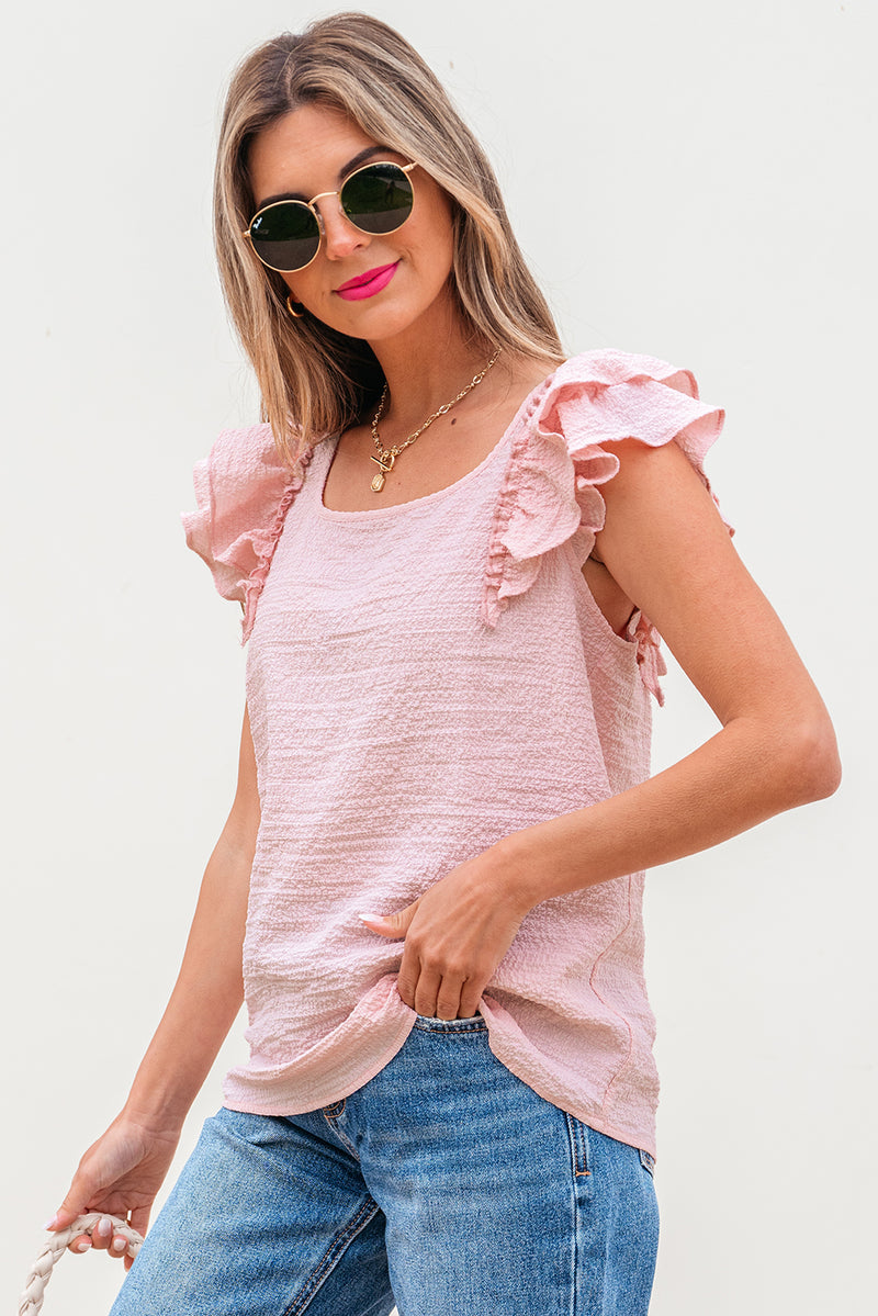 Stylish Back Textured Bow Knot Frilled Butterfly Sleeve Blouse