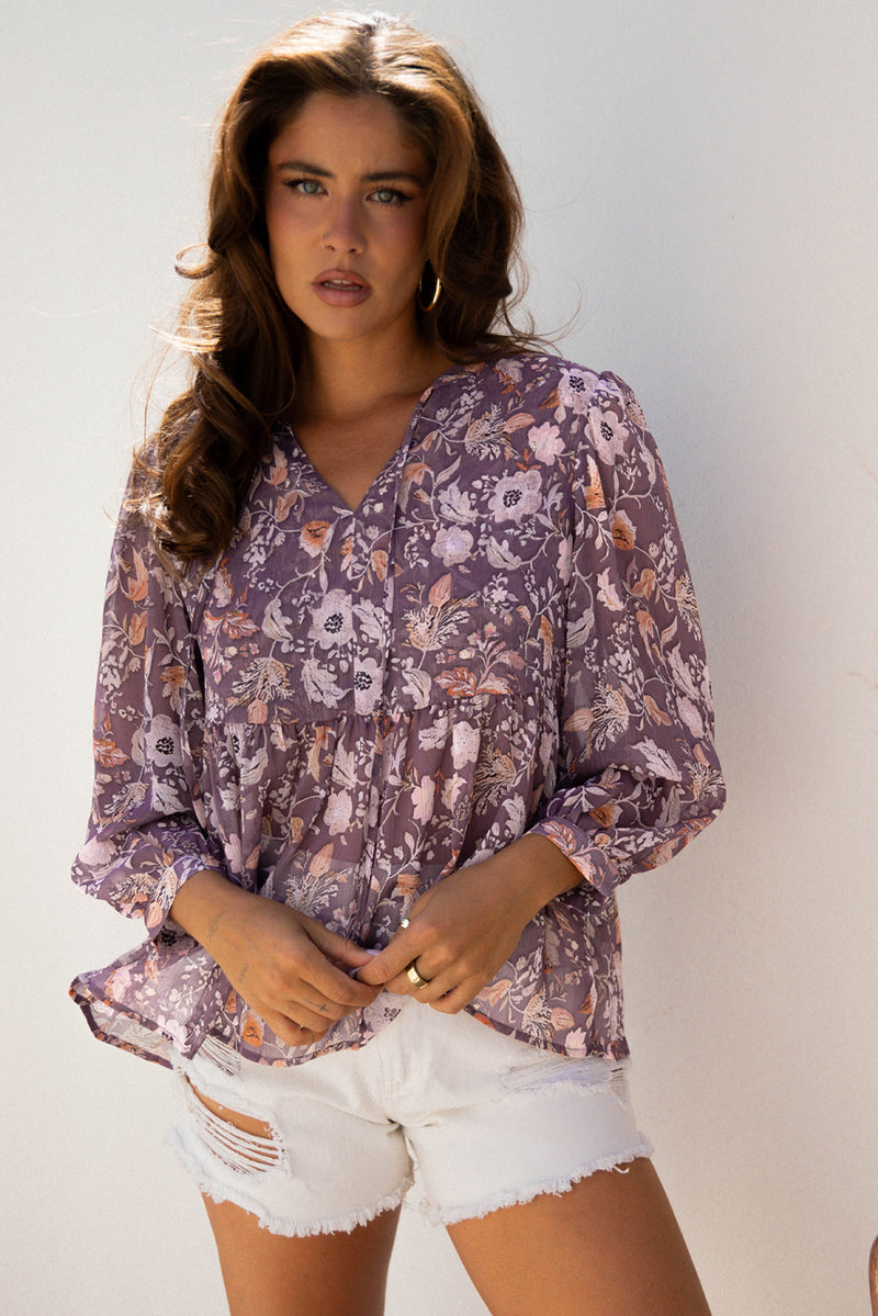Boho Flower Print 3/4 Sleeve Babydoll Blouse