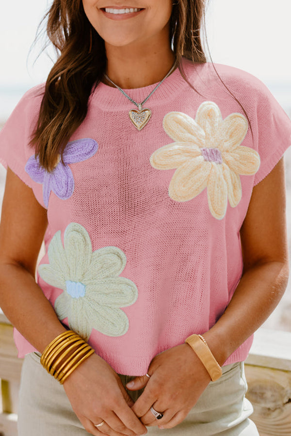 Multicolour Crochet Flower Knit Short Sleeve Sweater Top